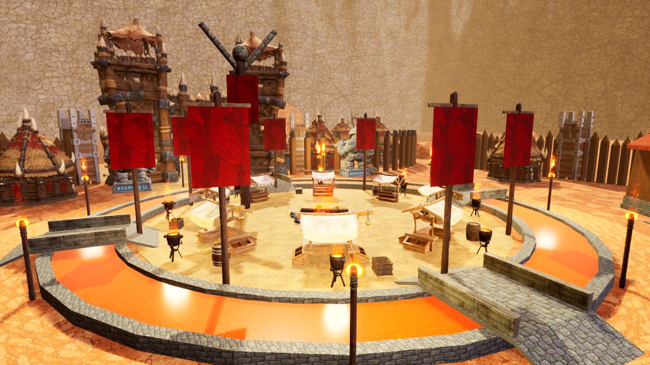 La plaza del Bastión Colmillo Rojo, la capital orca: estandartes rojos, puestos y la hoguera del clan