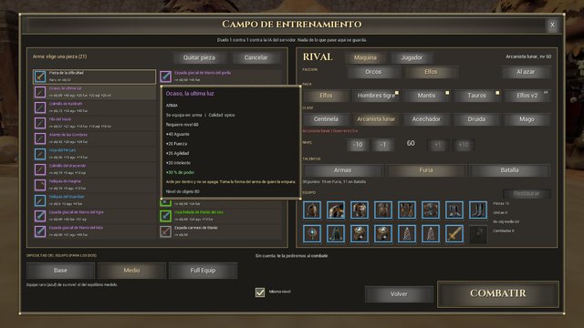 La ventana del Campo de entrenamiento con los dos lados del duelo, sus razas, clases, niveles y piezas