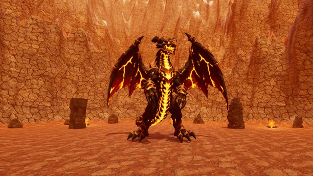 Vorathar, un dragón negro con grietas de magma, en el centro de su caldera