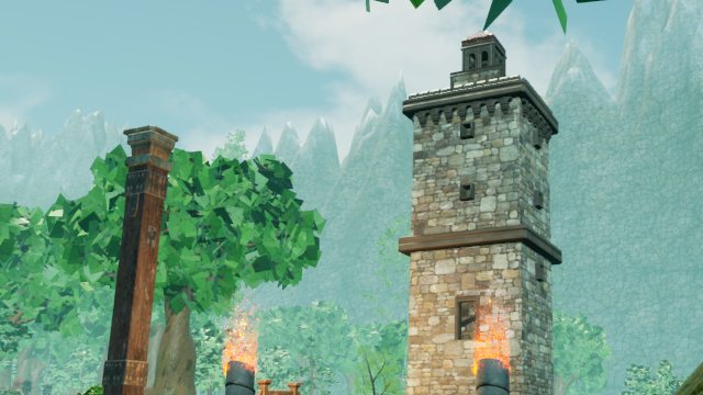 La Atalaya del Bosque de la Luna: una torre de piedra con sus braseros, entre los árboles