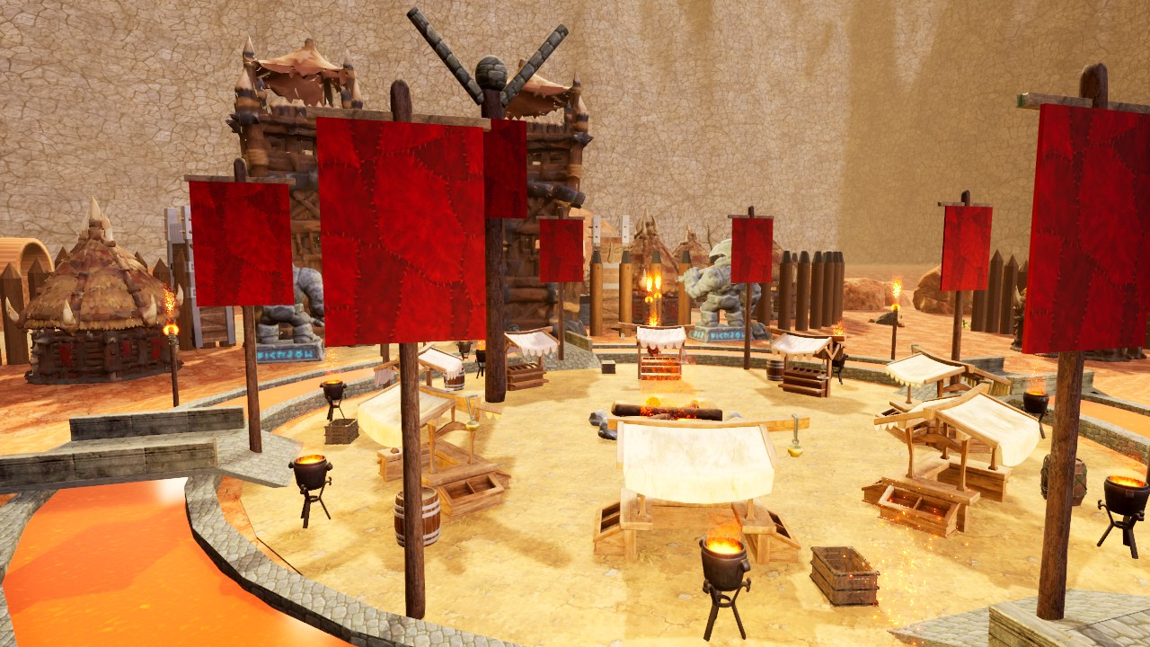 La plaza del Bastión Colmillo Rojo, la capital orca: estandartes rojos, puestos y la hoguera del clan